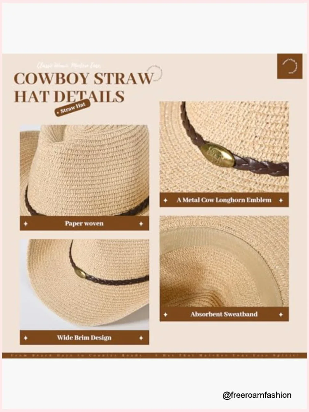 Wide Brim Straw Cowboy Hat with Chin Strap for Sun Protection